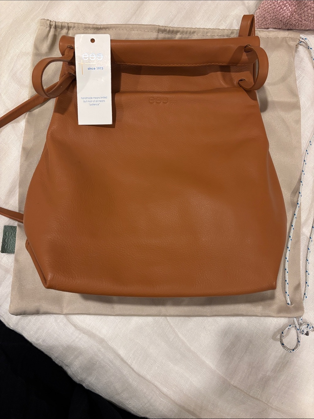 eee Tan Leather Drawstring Backpack style bag